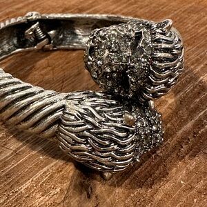 Crystal-Embellished Silver Panther  Head Cuff Bracelet